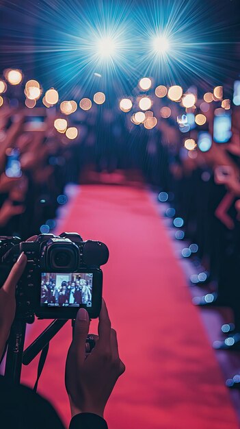 Photo capturing the moment a paparazzis perspective on a red carpet premiere