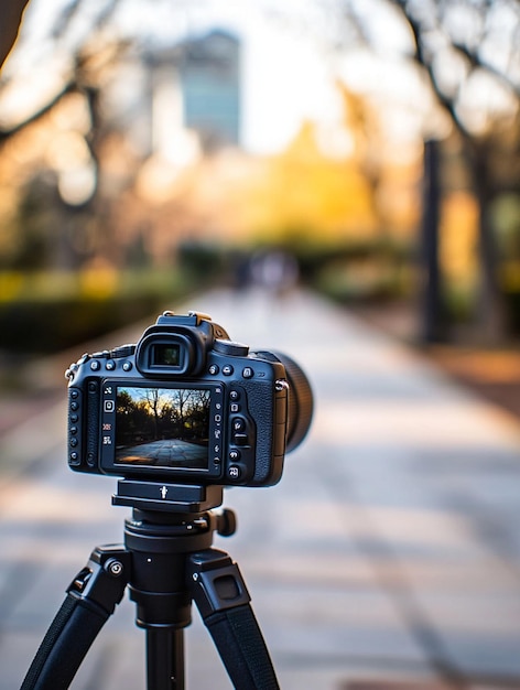 Capturing Nature DSLR Camera on Tripod in Urban Park Setting