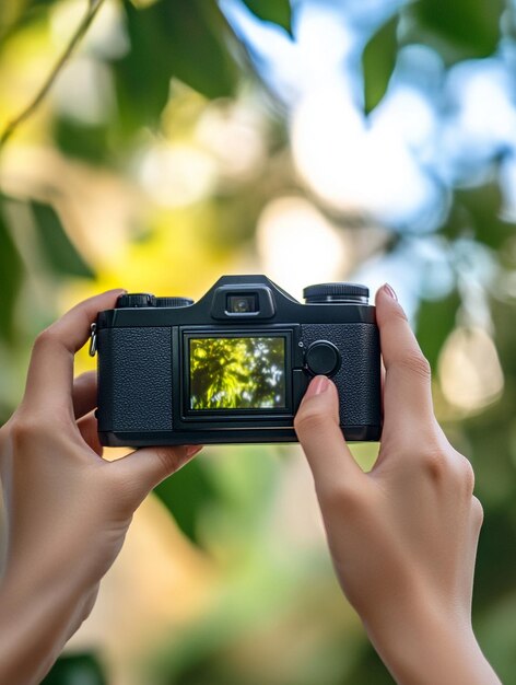 Photo capturing nature hands holding a camera with lush green background