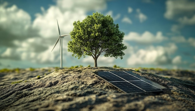 Photo capturing nature and technology a blub scene featuring a tree wind turbine and solar panel