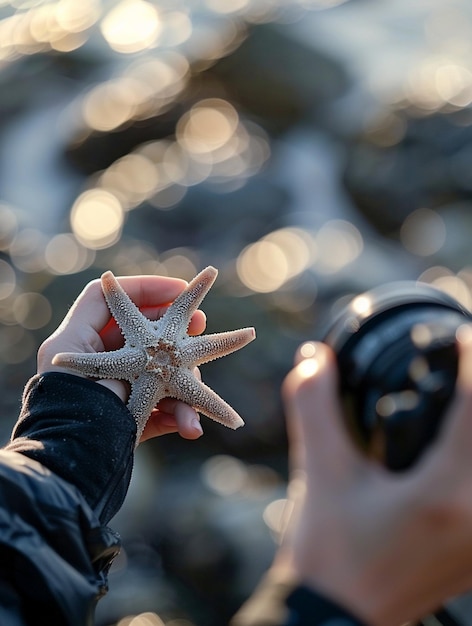 Photo capturing natures beauty closeup of a starfish against a blurred coastal background