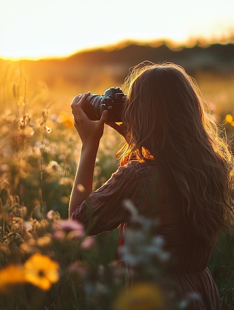 Photo capturing natures beauty woman photography in golden hour field