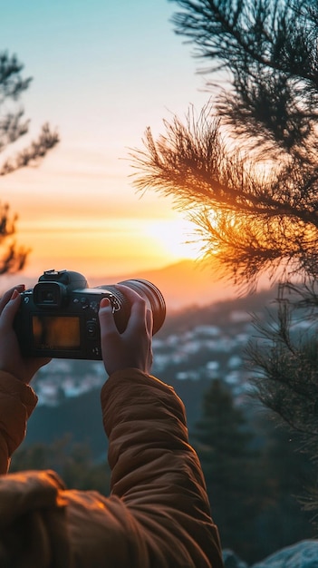 Photo capturing the perfect sunset photography enthusiast with camera in nature