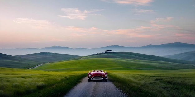 Photo capturing the tranquil beauty of rolling hills with a vintage car gracefully gliding on a country road concept vintage car rolling hills tranquil beauty country road outdoor photoshoot