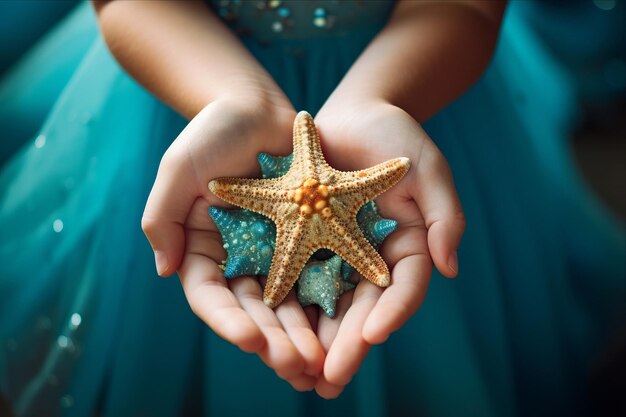 Photo capturing wonder childs hands embrace the beauty of a starfish in 32 artistic display