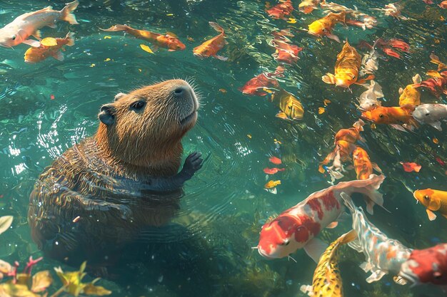 Photo a capybara playfully swimming in a large clear pon