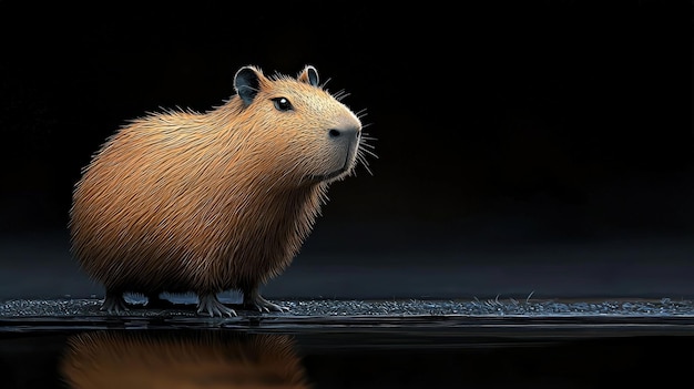 Capybara with fluffy fur sitting calmly against a dark background