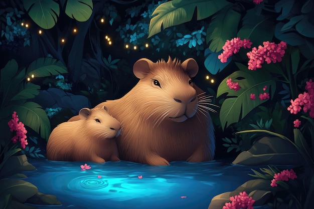 Photo capybaras in enchanted jungle pool nighttime serenity amidst glowing foliage and flowers ai