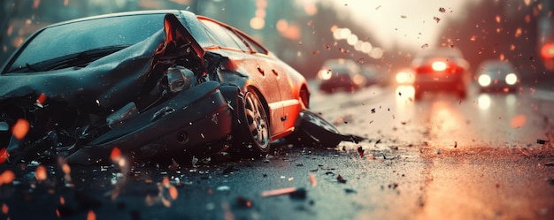 Photo car accident crash collision with injury and damage panorama banner generative ai