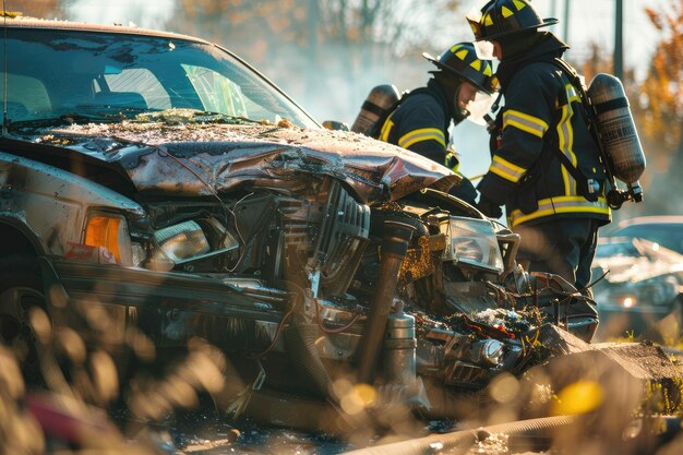 Photo in a car accident firefighters use hydraulic tools to rescue a driver trapped in a mangled vehicle