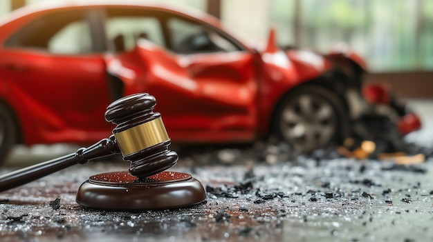 Car Accident Liability Insurance Lawyer And Gavel Judges hand banging a gavel