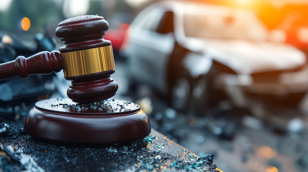 Car Accident Liability Insurance Lawyer And Gavel Judges hand banging a gavel