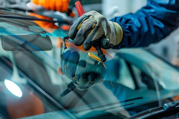 Photo car accident scene with broken windshield and emergency repair services for damaged vehicles