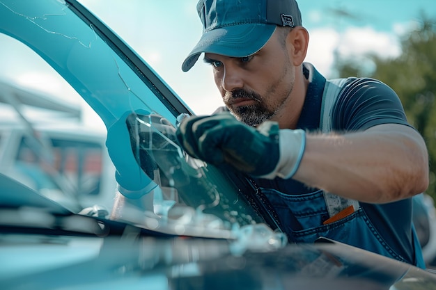 Photo car accident scene with broken windshield and emergency repair services for damaged vehicles