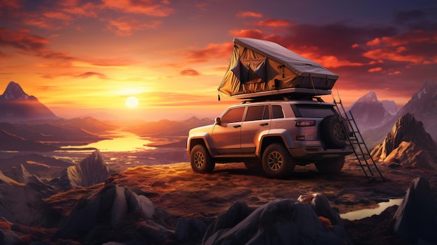 A car for adventures camping at sunset