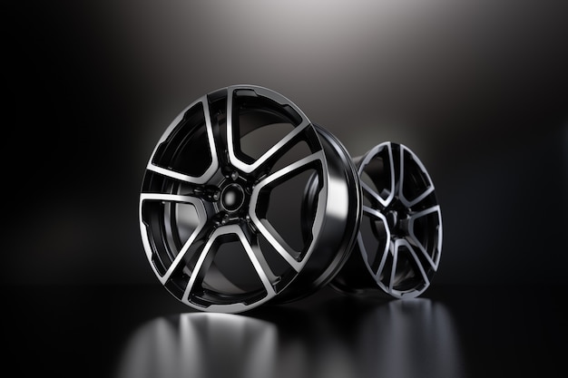 Car alloy wheel, isolated on black. 3D rendering illustration.