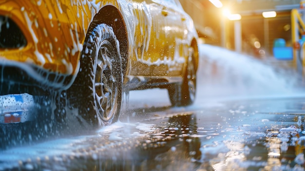 Car in automated wash with water jets