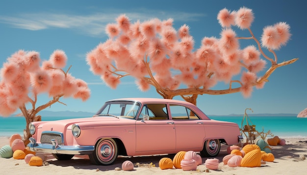 car on the beach with summer accessories