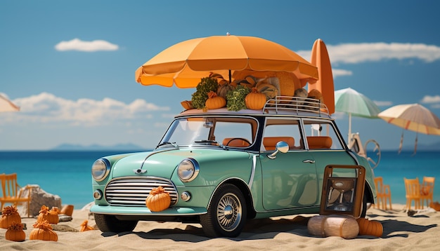 car on the beach with summer accessories