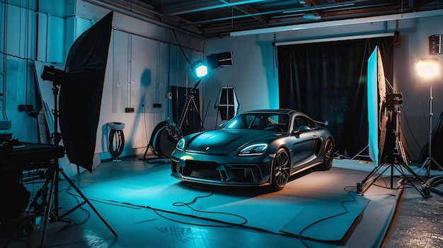 Photo a car being photographed in a studio with lighting equipment