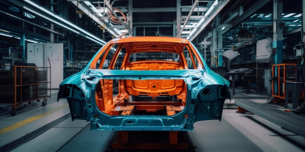 Car bodies are on assembly line factory for production of cars modern automotive industry a car being checked before being painted in a hightech enterprise