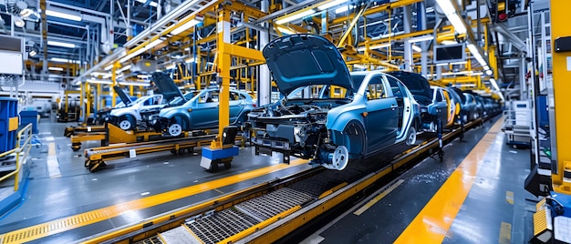 Car bodies move along an assembly line in a modern car manufacturing plant