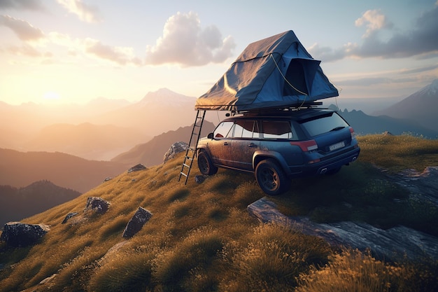 Car camping tent on the rooftop of an SUV in mountains