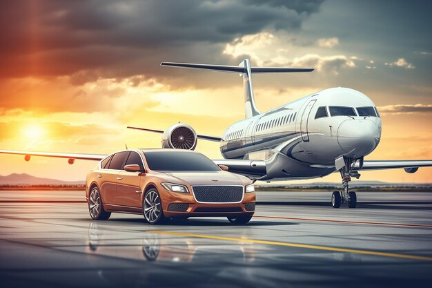 Photo a car and a car are parked on the runway with a plane in the background