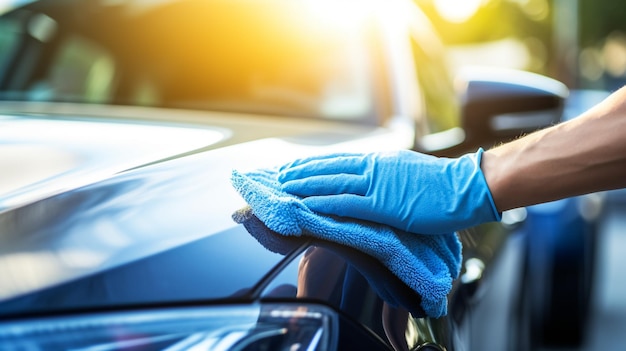 Car care service worker used microfiber cloth cleaning outside car