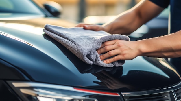 Car care service worker used microfiber cloth cleaning outside car