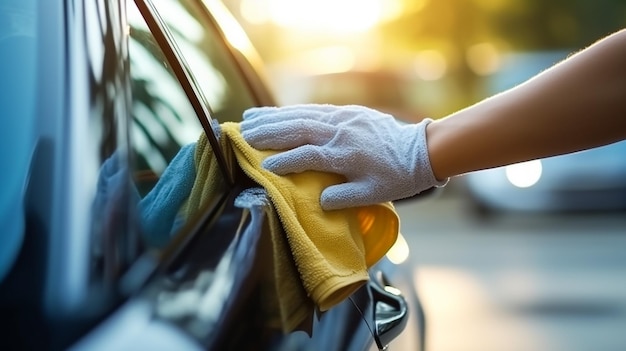 Car care service worker used microfiber cloth cleaning outside car