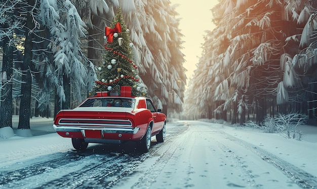 A car carries a Christmas tree