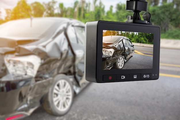 Car CCTV camera video recorder with car crash accident on the road