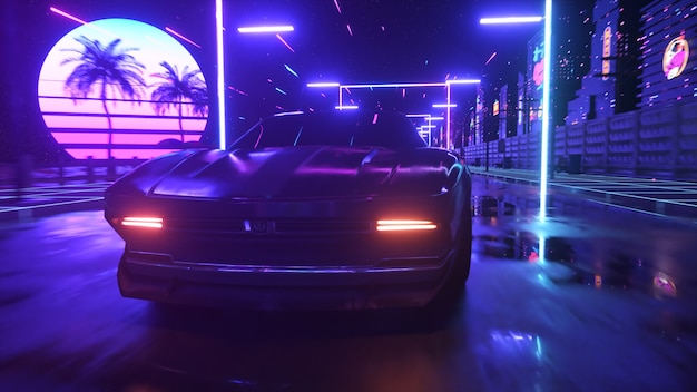 Car and city in neon cyberpunk style. 80s retrowave background 3d illustration. Retro futuristic car drive through neon city.