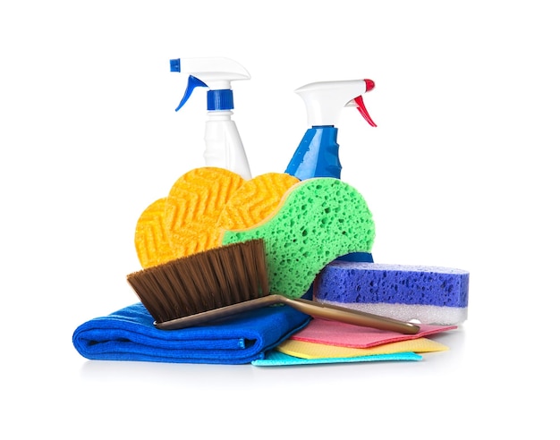 Car cleaning supplies on white background