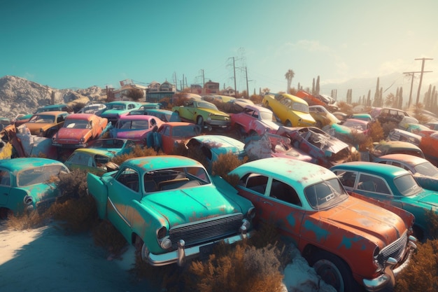 Car colorful graveyard Vehicle iron retro Generate Ai