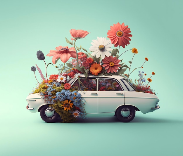 Car cover by flowers decoration Retro hippie vehicle with flower Floral concept for wedding or romantic love gift Generative AI