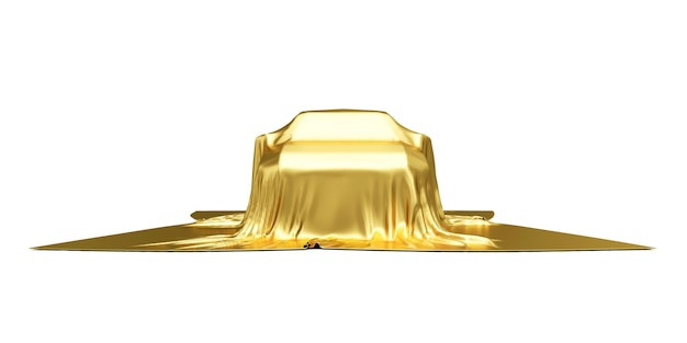 Car Covered by Golden Fabric Cloth on white background