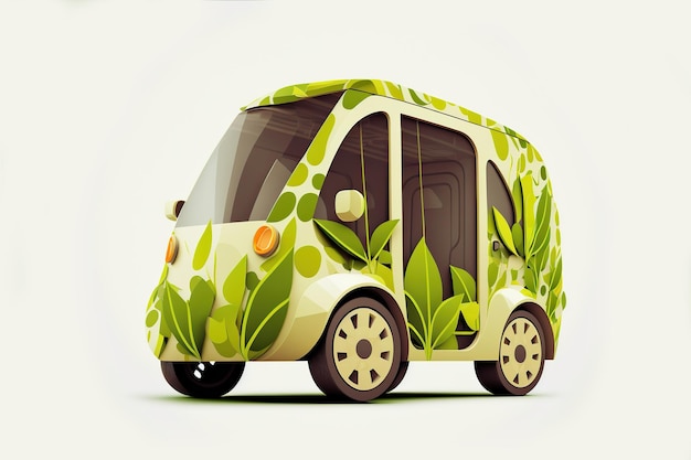 Car covered in nature leaves and flowers green energy Generative AI illustration