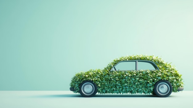 Photo a car creatively designed with green plants showcases an innovative ecofriendly concept against a soothing light bluegreen background