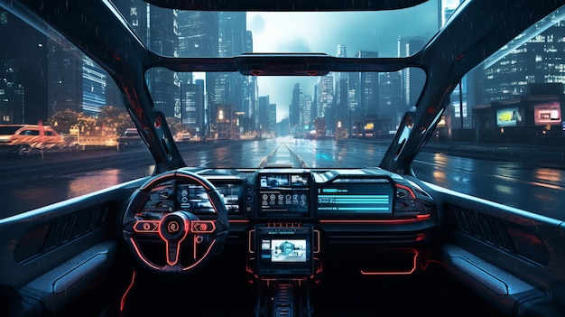 Car dashboard the front window of the car cyberpunk directly in front Generative AI