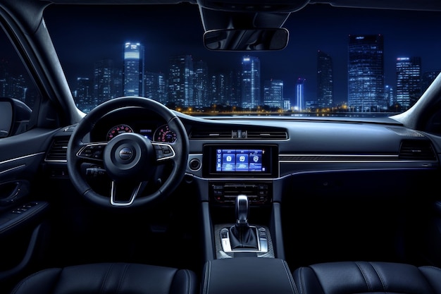 Car dashboard with modern city lights night view