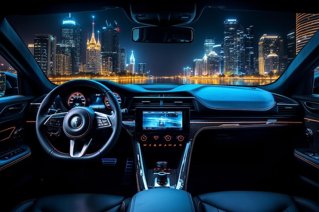 Car dashboard with modern city lights night view