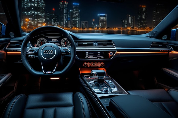 Car dashboard with modern city lights night view