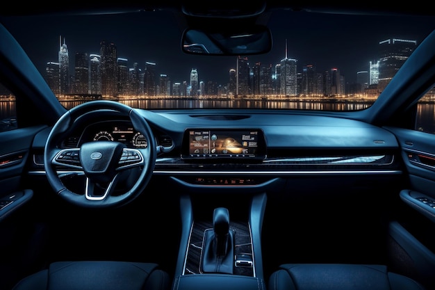 Car dashboard with modern city lights night view