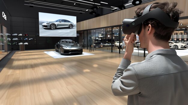 Photo car dealership a man wearing a virtual reality headset looks at a car the car is displayed in the middle of the showroom