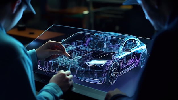 Car design engineers using holographic app in digital tablet