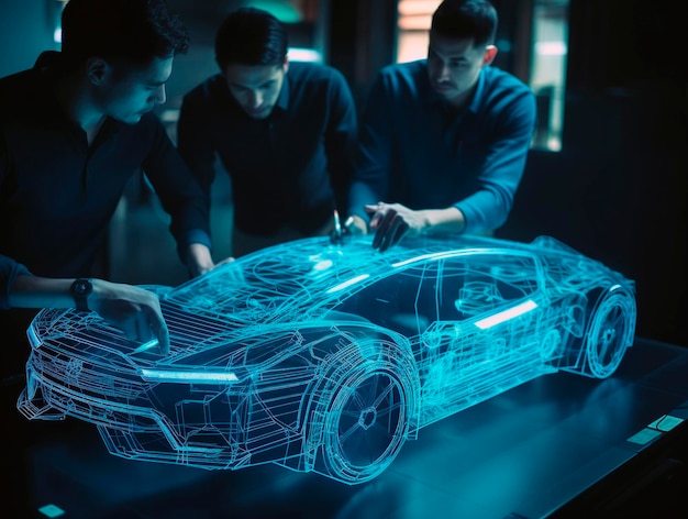 Car design engineers using holographic app in digital