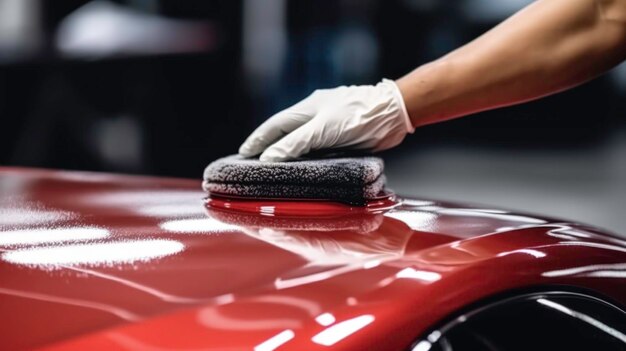 Car detailing Hands with orbital polisher in auto repair shop