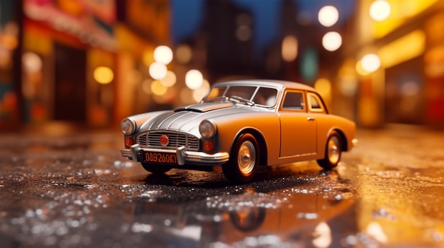 Car diecast in Diorama with light bulb on the night city Generative Ai